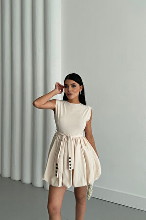 Reka Moda BALON ETEKLİ TASARIM KISA ELBİSE - Bej