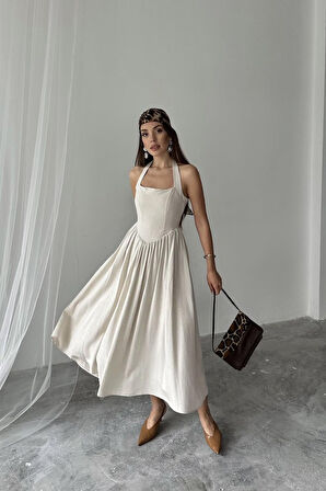 Reka Moda Bej Boyundan Bağlamalı Keten Elbise