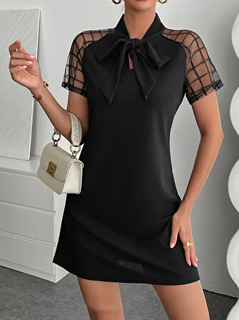 Reka Moda Kadın Kısa Kollu Boyundan Bağlamalı Omuzlarda Tül Detaylı Janjan Krep Elbise