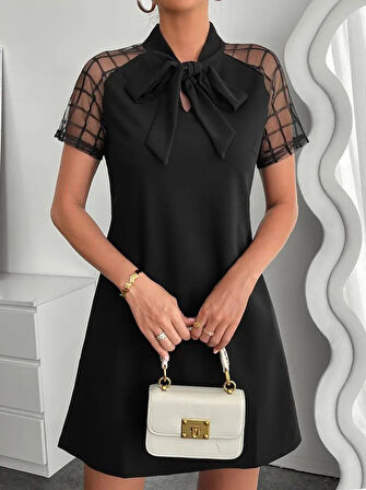 Reka Moda Kadın Kısa Kollu Boyundan Bağlamalı Omuzlarda Tül Detaylı Janjan Krep Elbise