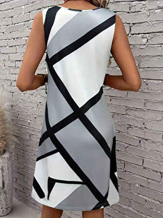 Reka Moda Kadın Askılı Yuvarlak Yaka Geometrik Desenli Kısa Süprem Elbise