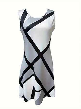 Reka Moda Kadın Askılı Yuvarlak Yaka Geometrik Desenli Kısa Süprem Elbise