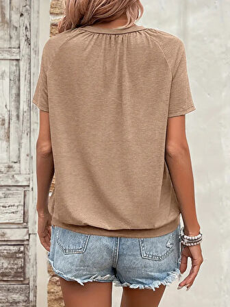 Reka Moda Kadın Kısa Kollu V Yakalı Büzgü Detaylı Viskon Bluz