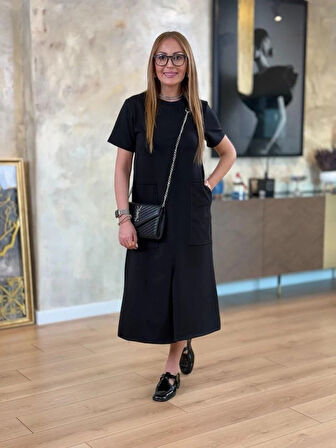 Reka Moda Kadın Kısa Kollu Bisiklet Yakalı Cepli önden Yırtmaçlı Viskon Iki Iplik Midi Elbise