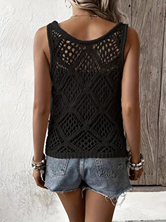 Reka Moda Kadın Askılı Yuvarlak Yaka Geometrik Desenli Triko Bluz