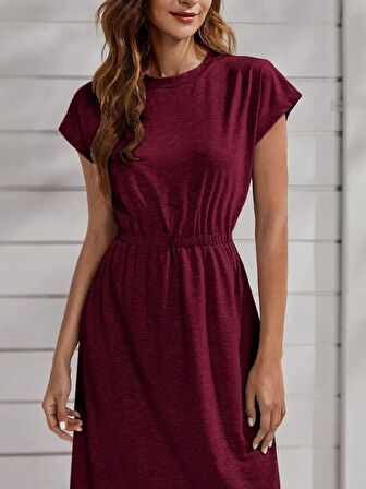 Reka Moda Kadın Kısa Kollu Bisiklet Yaka Belden Lastikli Midi Viskon Elbise