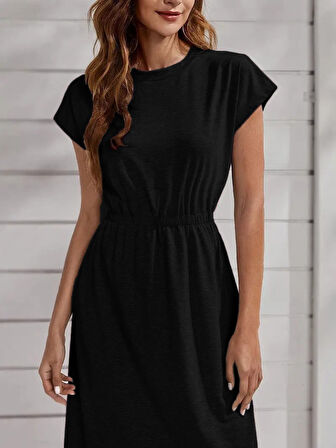 Reka Moda Kadın Kısa Kollu Bisiklet Yaka Belden Lastikli Midi Viskon Elbise