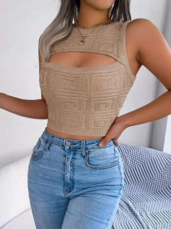 Reka Moda Kadın Askılı Bisiklet Yaka Güpüs Dekolteli Triko Crop Bluz