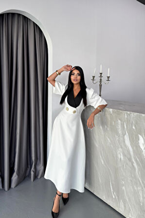 Reka Moda TASARIM ELBİSE CEKET YAKA GOLD DÜĞME DETAYLI KISA KOL - Beyaz