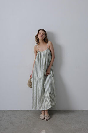 Reka Moda Askılı Çizgi Desen Elbise - Haki