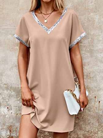 Reka Moda Kadın Yaka Ve Kol Pul Payet şeritli Ithal Krep Elbise