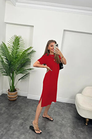 Reka Moda Kadın Kısa Kollu Yırtmaç Detaylı Salaş Viskon Elbise