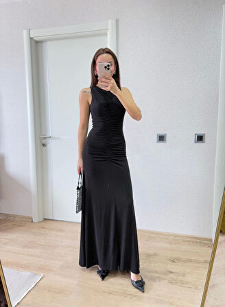 Reka Moda Kolsuz Büzgülü Uzun Elbise - Siyah