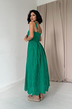 Reka Moda Yeşil Askılı Aparatlı Brode Elbise