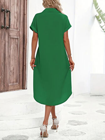 Reka Moda Kadın Kısa Kollu Yakalı Düğme Detay Midi Dokuma Elbise