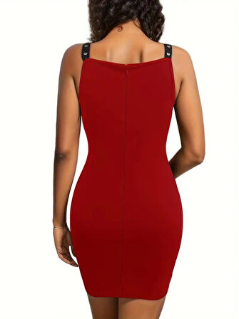 Reka Moda Kadın Askılı Derin V Yakalı Kuş Gözü Detaylı Janjan Krep Elbise