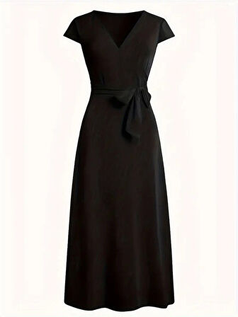 Reka Moda Kadın Kısa Kollu V Yakalı Belden Kuşaklı Maksi Boy Viskon Elbise