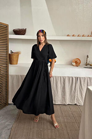 Reka Moda Siyah Müslin Uzun Elbise