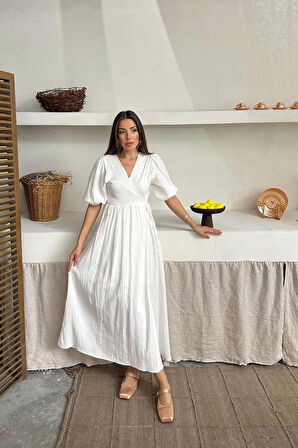 Reka Moda Ekru Müslin Uzun Elbise