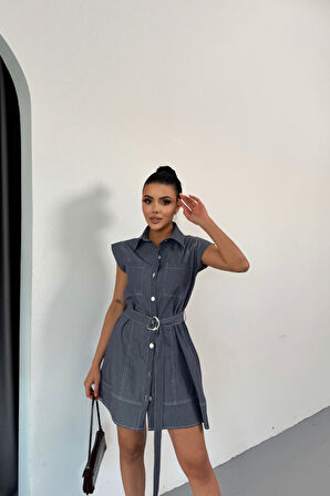 Reka Moda GÖMLEK ELBİSE KOLSUZ TENCEL KUMAŞ - Mavi