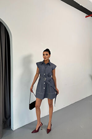 Reka Moda GÖMLEK ELBİSE KOLSUZ TENCEL KUMAŞ - Mavi