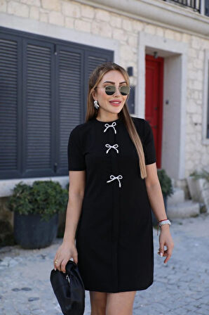 Reka Moda Kadın Kısa Kollu Bisiklet Yaka önden Fiyonk Detaylı Ithal Krep Elbise