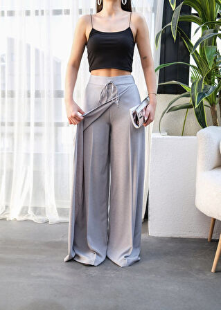 Reka Moda Keten Önü Çapraz Parçali Lasti̇kli̇ Ve Bağcikli Geni̇ş Paça Pantolon