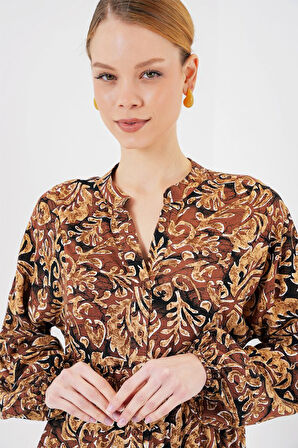 Reka Moda 2423 Otantik Desenli Tesettür Elbise - Camel