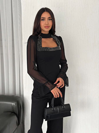 Reka Moda Kolları Şifon Göğüste İnci Boncuk Detaylı Bluz - Siyah