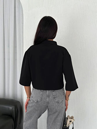 Reka Moda Crop Yakalı Gömlek Üç Çeyrek Sleeve Kol - Siyah