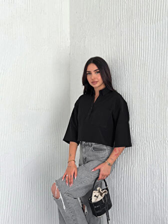 Reka Moda Crop Yakalı Gömlek Üç Çeyrek Sleeve Kol - Siyah