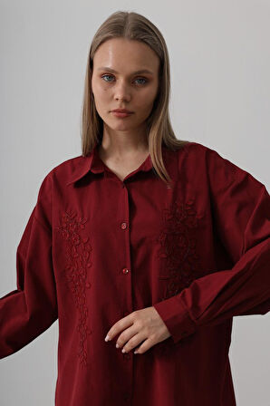 Reka Moda Boncuk Nakış Detaylı Uzun Gömlek - Bordo