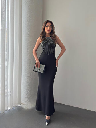 Reka Moda Kadın Omuz çoklu Askılı önü Taş Işlemeli Balık Kesim Janjan Krep Maxi Boy Elbise