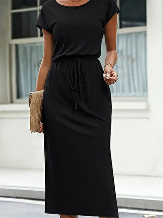 Reka Moda Kadın Kısa Kollu Yakası Açık Belden Kuşaklı Yandan Yırtmaçlı Midi Viskon Elbise