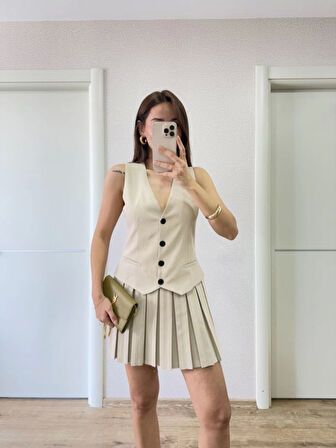 Reka Moda Takım Görünümlu Yelekli Mini Elbise- Bej