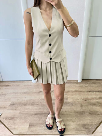 Reka Moda Takım Görünümlu Yelekli Mini Elbise- Bej