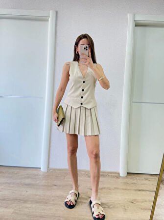 Reka Moda Takım Görünümlu Yelekli Mini Elbise- Bej