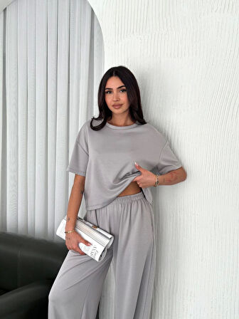 Reka Moda Osy Modal Yumuşak Dokulu Kumaş Bisiklet Yaka T-shirt  Bol Paça Pantalon Ikili Takım - Boyalı Gri