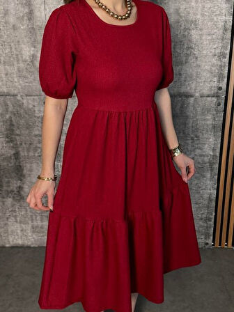 Reka Moda Kadın Kısa Kollu Yakası Açık Katlı Bürümcük Balon Elbise