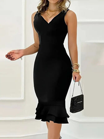 Reka Moda Kadın Askılı V Yaka Arkadan Fermuarlı Dalgıç Elbise