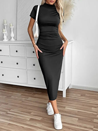 Reka Moda Kadın Yarı Balıkçı Yaka Yırtmaçlı Dalgıç Midi Elbise