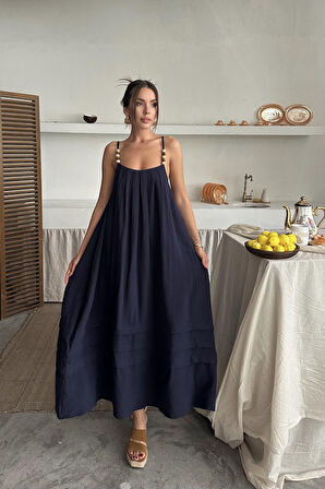 Reka Moda Lacivert Askılı Müslin Elbise
