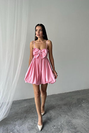 Reka Moda Pembe Önü Fiyonklu Askılı Elbise