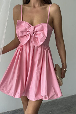 Reka Moda Pembe Önü Fiyonklu Askılı Elbise