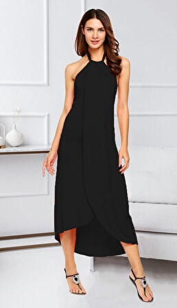 Reka Moda Kadın Omuzlardan Açık Boyundan Geçmeli Asimetrik Kesim Detaylı Viskon Elbise