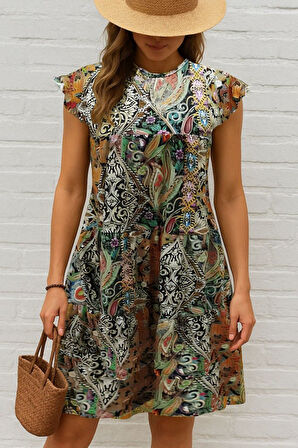 Reka Moda Kadın Kısa Kollu Kolları Fırfırlı Bisiklet Yakalı Kare Desenli Elbise