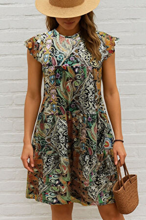 Reka Moda Kadın Kısa Kollu Kolları Fırfırlı Bisiklet Yakalı Kare Desenli Elbise