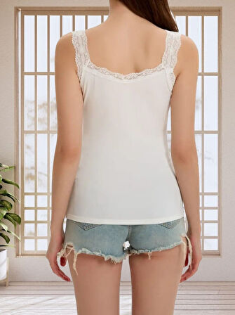 Reka Moda Kadın Askılı Yuvarlak Yaka Dantel Detay Kaşkorse Bluz