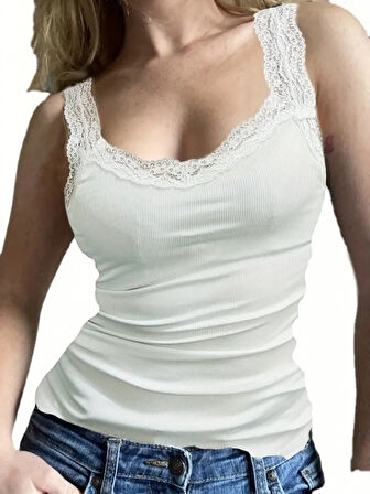 Reka Moda Kadın Askılı Yuvarlak Yaka Dantel Detay Kaşkorse Bluz