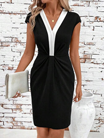 Reka Moda Kadın Kısa Kollu V Yakalı önden Pile Detaylı Ithal Krep Elbise